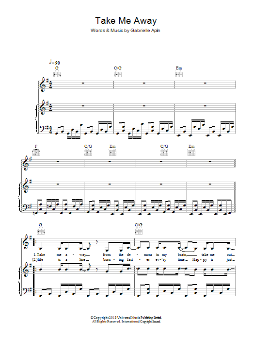 Gabrielle Aplin Take Me Away Sheet Music Notes & Chords for Piano, Vocal & Guitar (Right-Hand Melody) - Download or Print PDF