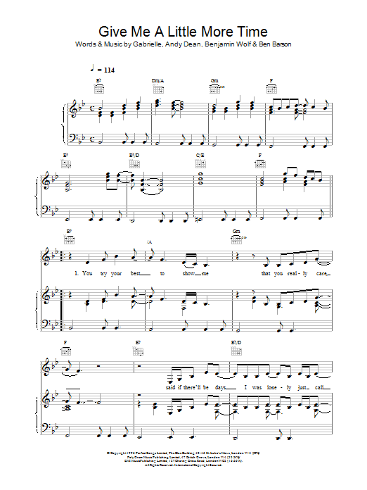 Gabrielle Give Me A Little More Time Sheet Music Notes & Chords for Piano, Vocal & Guitar (Right-Hand Melody) - Download or Print PDF