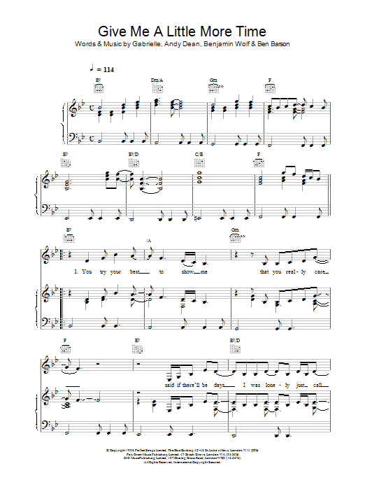 Preview Gabrielle Give Me A Little More Time R & B sheet music, notes and chords for Piano, Vocal & Guitar (Right-Hand Melody), SKU: 13659 Give Me A Little More Time sheet music