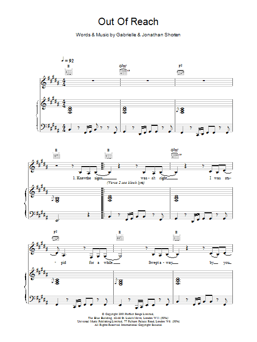 Gabrielle Out Of Reach sheet music notes and chords. Download Printable PDF.