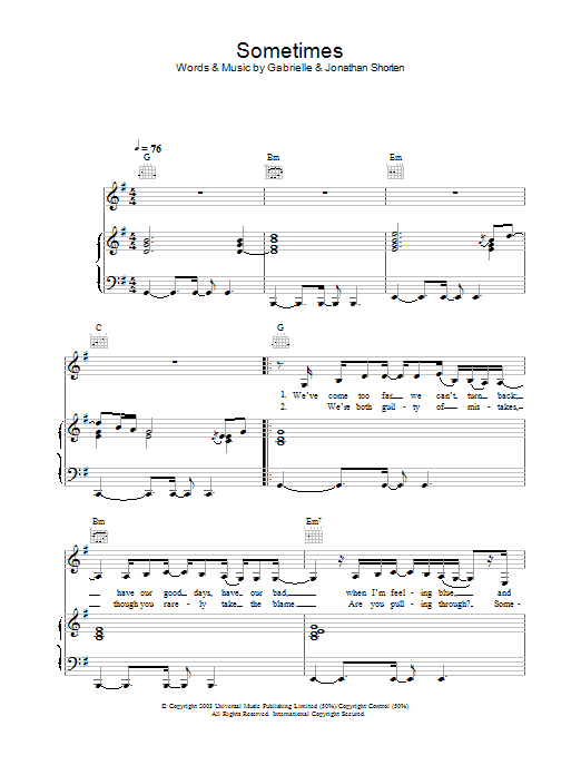 Gabrielle Sometimes Sheet Music Notes & Chords for Piano, Vocal & Guitar - Download or Print PDF