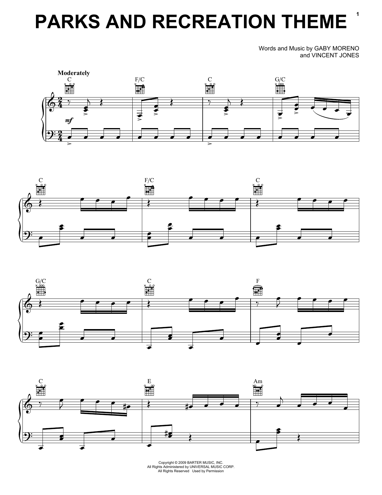 Gaby Moreno and Vincent Jones Parks And Recreation Theme Sheet Music Notes & Chords for Piano Solo - Download or Print PDF