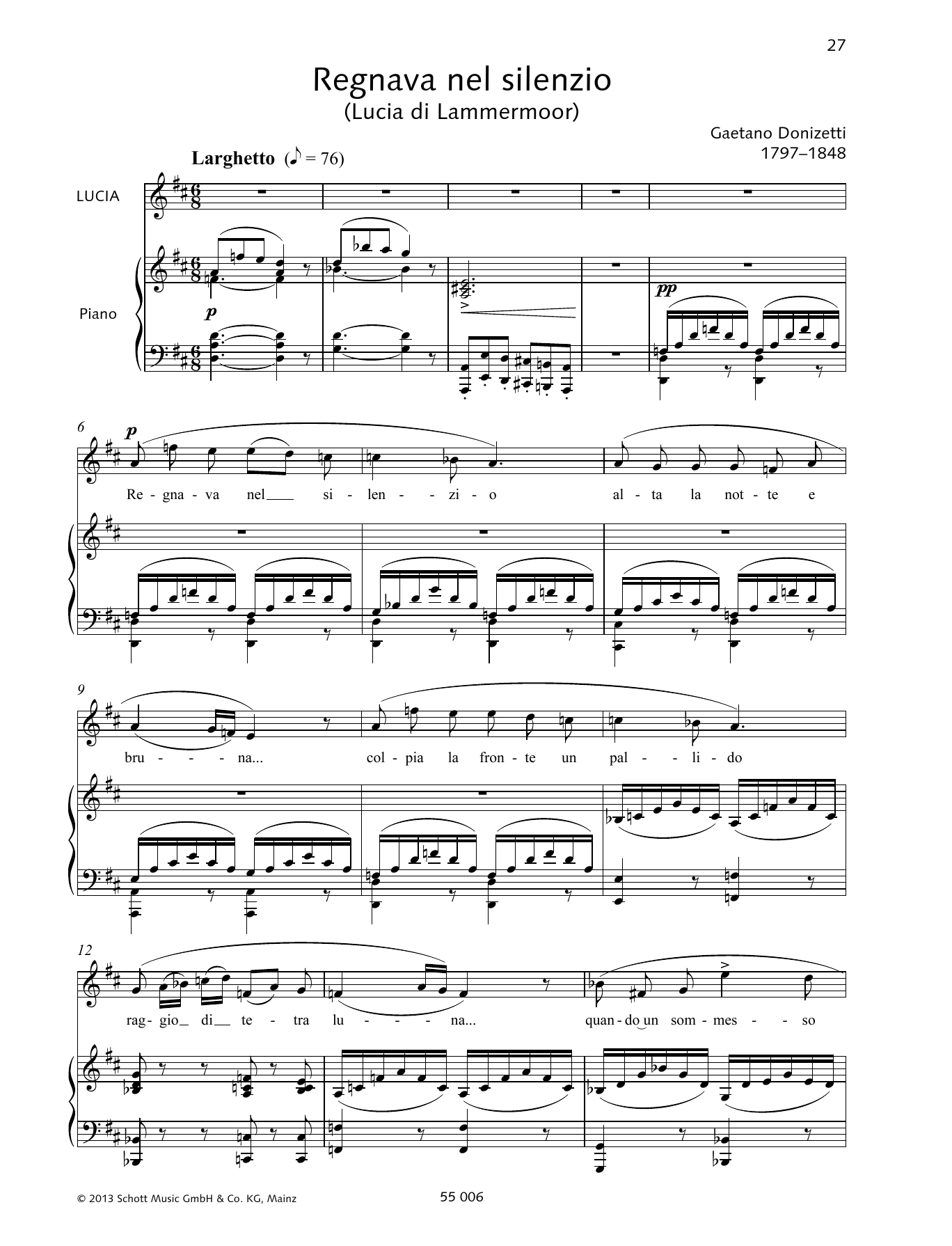 Gaetano Donizetti Regnava nel silenzio Sheet Music Notes & Chords for Piano & Vocal - Download or Print PDF