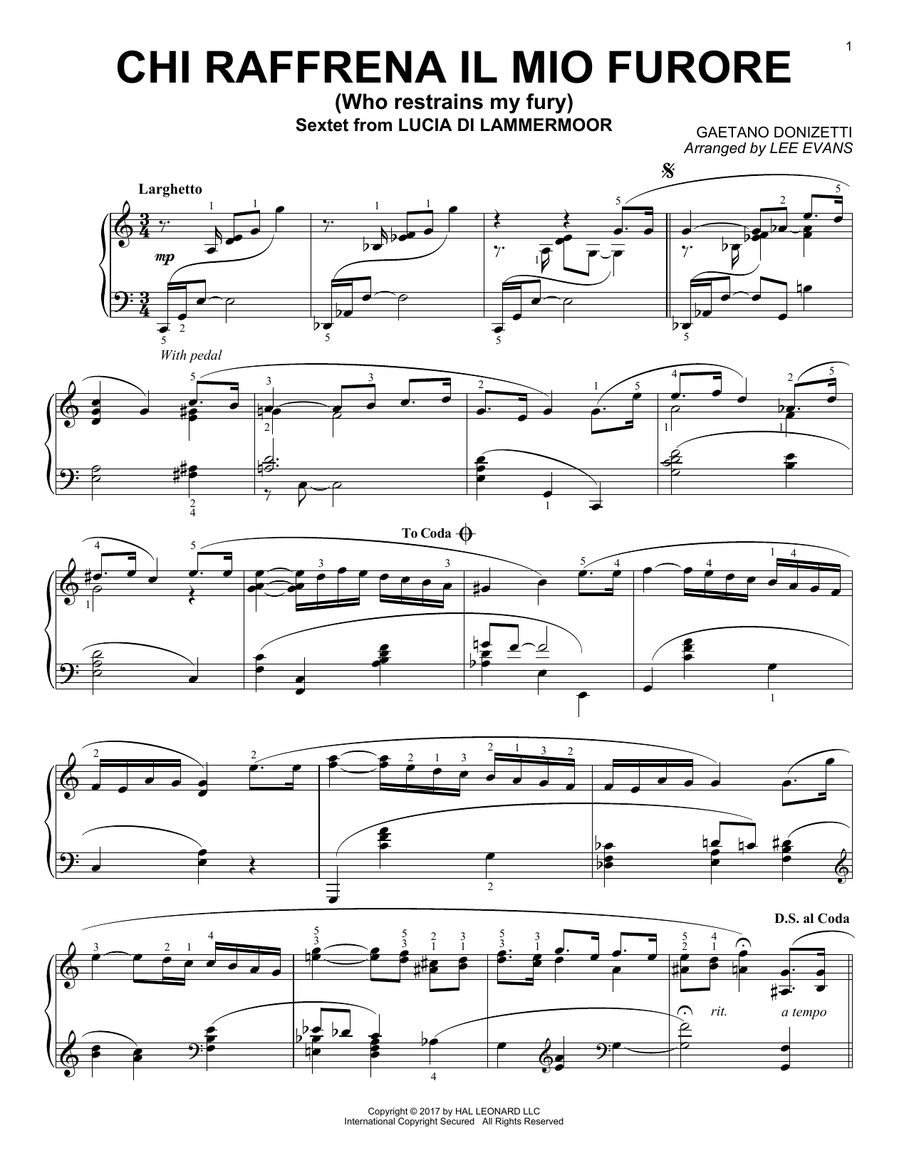 Lee Evans Sextet (Chi Raffrena Il Mio Furore) Sheet Music Notes & Chords for Piano - Download or Print PDF