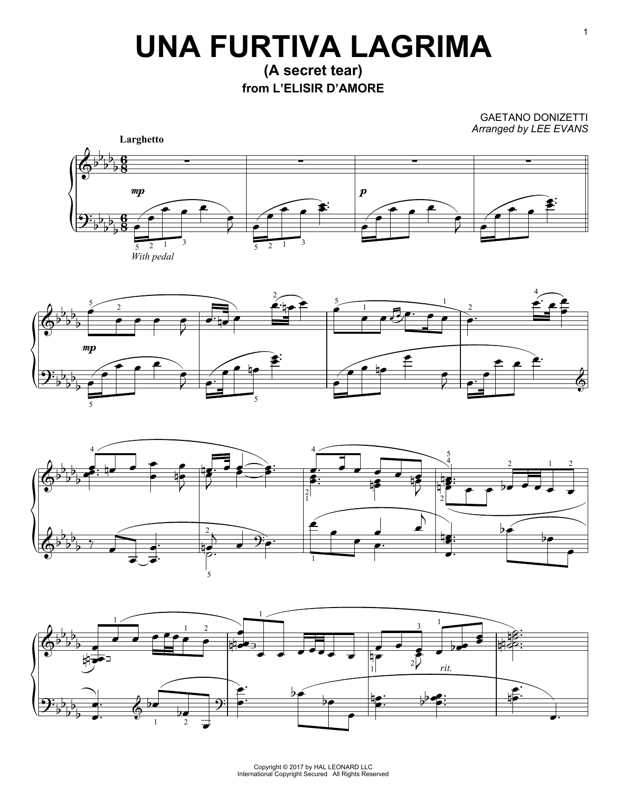 Lee Evans Una Furtiva Lagrima (The Elixir Of Love) Sheet Music Notes & Chords for Piano - Download or Print PDF