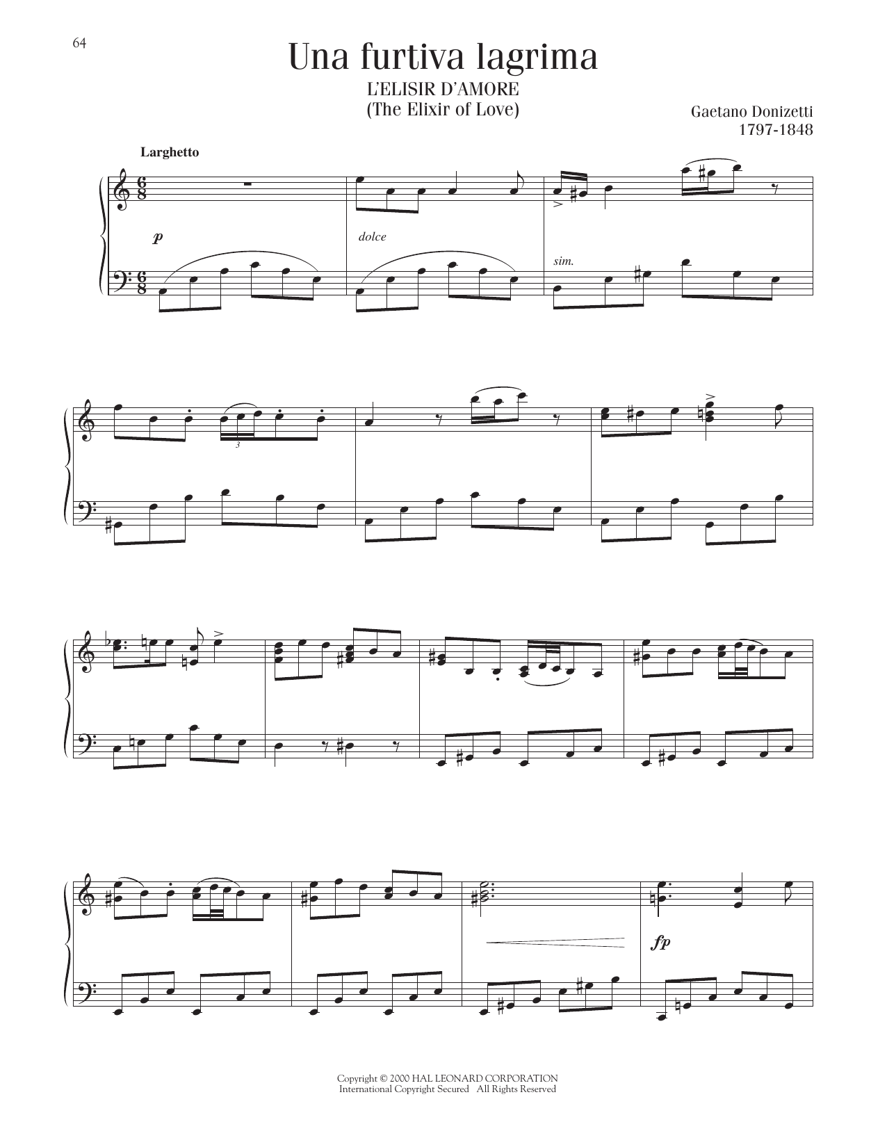 Gaetano Donizetti Una Furtiva Lagrima (The Elixir Of Love) Sheet Music Notes & Chords for Piano, Vocal & Guitar Chords (Right-Hand Melody) - Download or Print PDF