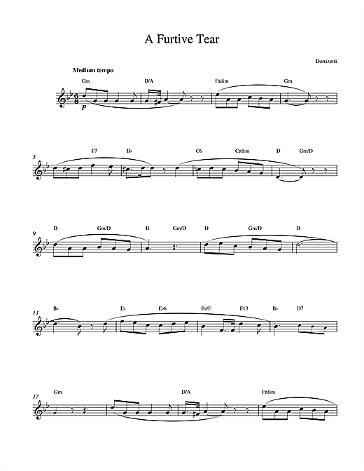 Preview Gaetano Donizetti A Furtive Tear Classical sheet music, notes and chords for Melody Line & Chords, SKU: 13919 A Furtive Tear sheet music