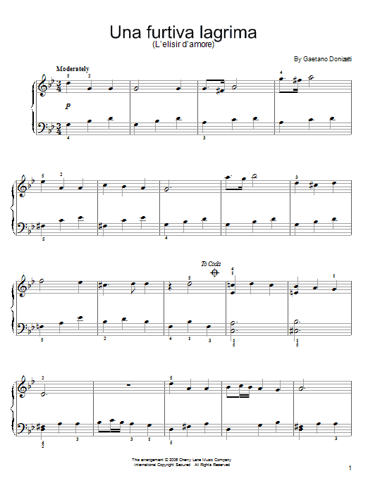Preview Gaetano Donizetti Una Furtiva Lagrima (A Furtive Tear) Classical sheet music, notes and chords for Piano, SKU: 33678 Una Furtiva Lagrima (A Furtive Tear) sheet music