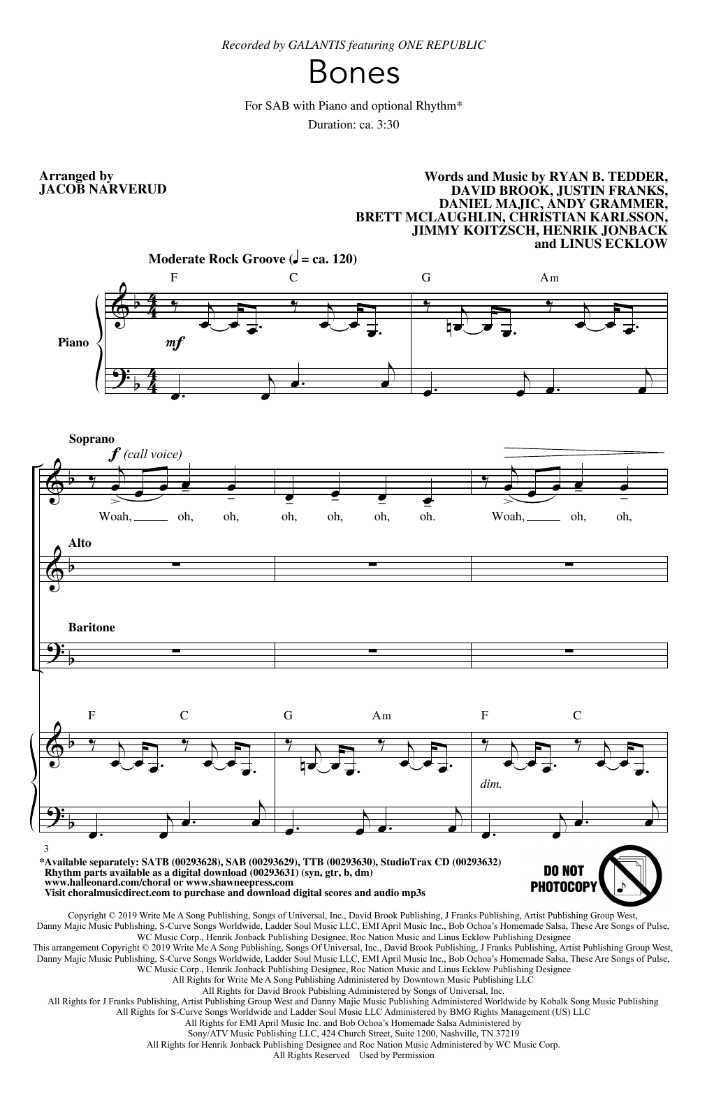 Galantis Bones (feat. OneRepublic) (arr. Jacob Narverud) Sheet Music Notes & Chords for SATB Choir - Download or Print PDF