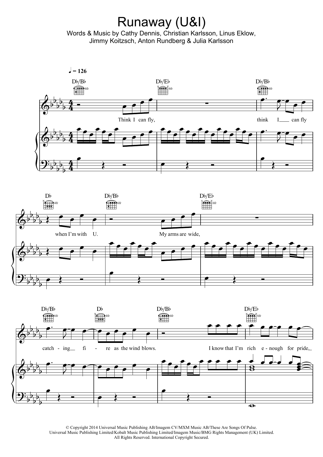 Galantis Runaway (U & I) Sheet Music Notes & Chords for Piano, Vocal & Guitar (Right-Hand Melody) - Download or Print PDF