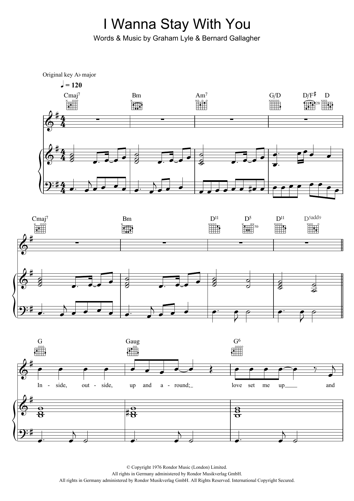Gallagher & Lyle I Wanna Stay With You Sheet Music Notes & Chords for Piano, Vocal & Guitar - Download or Print PDF