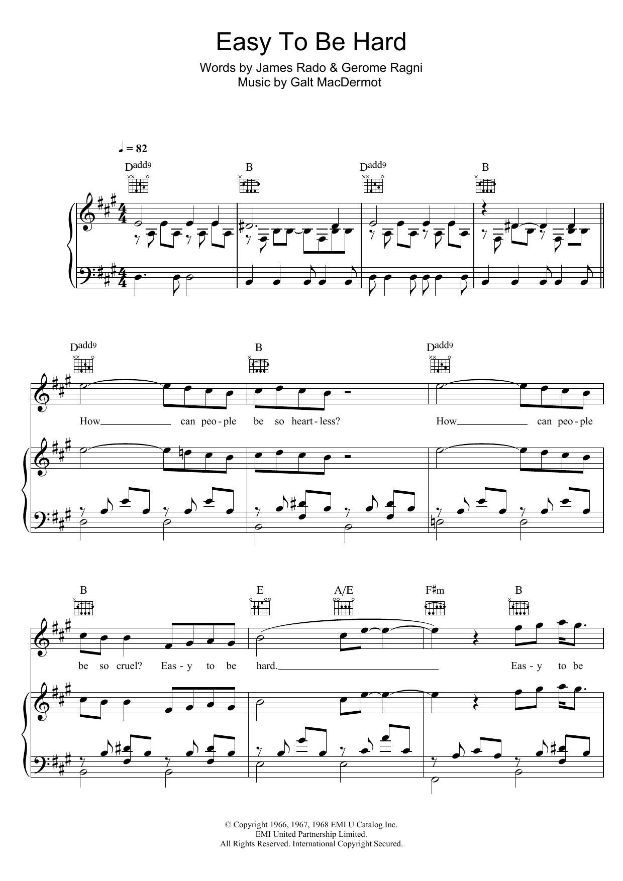 Galt MacDermot Easy To Be Hard (from 'Hair') Sheet Music Notes & Chords for Piano, Vocal & Guitar (Right-Hand Melody) - Download or Print PDF