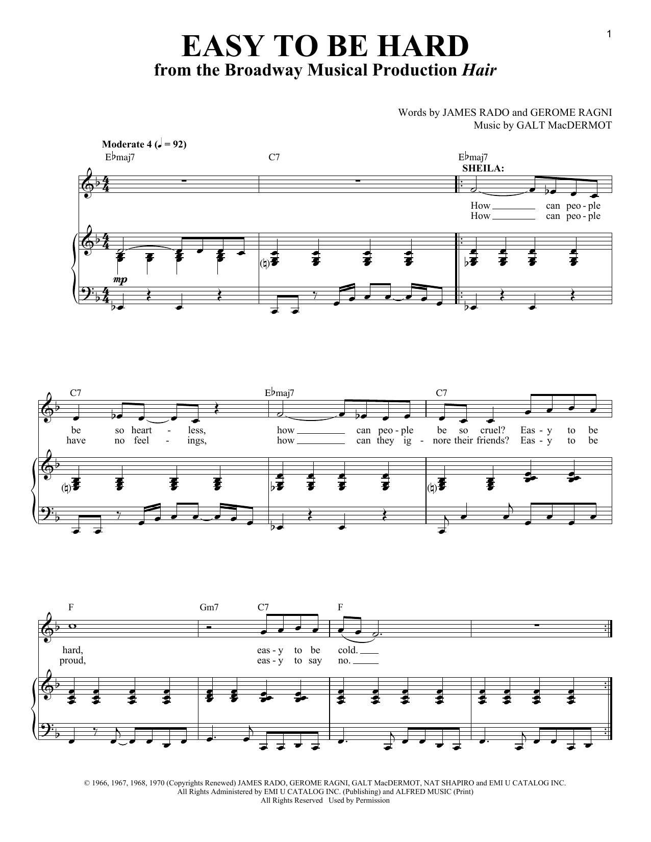Galt MacDermot Easy To Be Hard Sheet Music Notes & Chords for Melody Line, Lyrics & Chords - Download or Print PDF