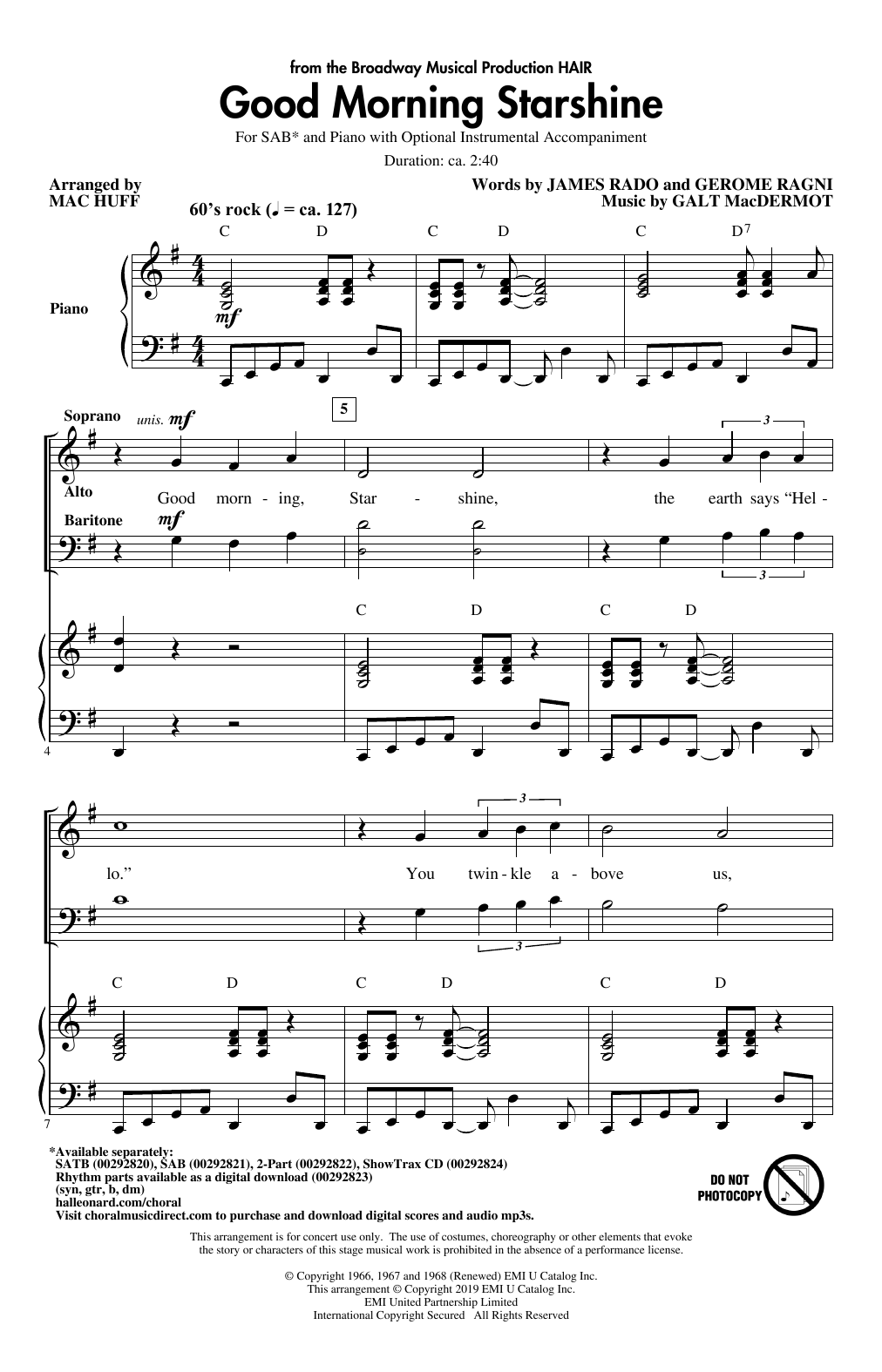 Galt MacDermot Good Morning Starshine (from Hair) (arr. Mac Huff) Sheet Music Notes & Chords for SATB Choir - Download or Print PDF
