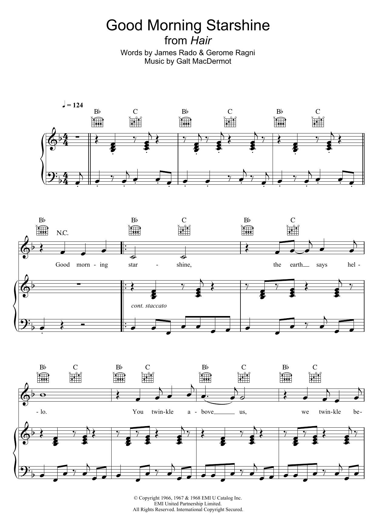 Galt MacDermot Good Morning Starshine (from 'Hair') Sheet Music Notes & Chords for Piano, Vocal & Guitar (Right-Hand Melody) - Download or Print PDF