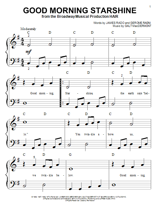 Galt MacDermot Good Morning Starshine (from 'Hair') Sheet Music Notes & Chords for Easy Piano - Download or Print PDF