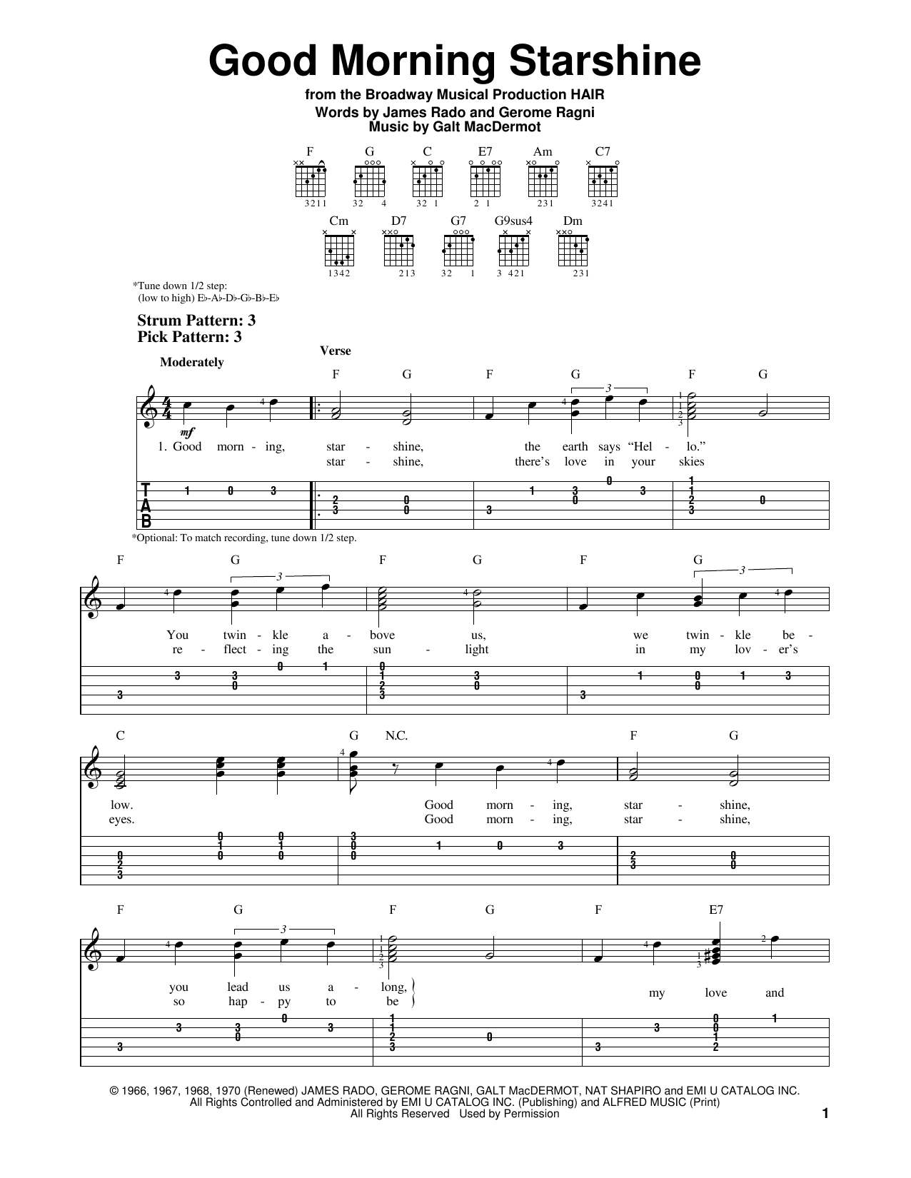 OLIVER Good Morning Starshine Sheet Music Notes & Chords for Easy Guitar Tab - Download or Print PDF