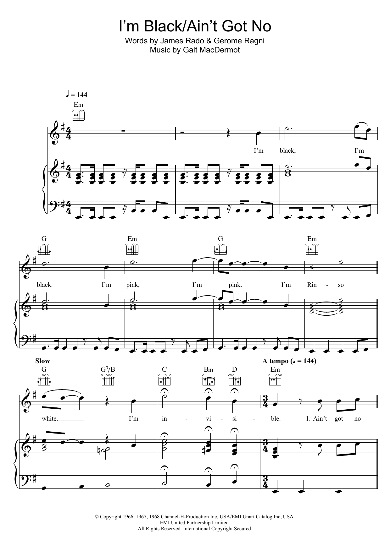 Galt MacDermot I'm Black/Ain't Got No (from 'Hair') Sheet Music Notes & Chords for Piano, Vocal & Guitar (Right-Hand Melody) - Download or Print PDF