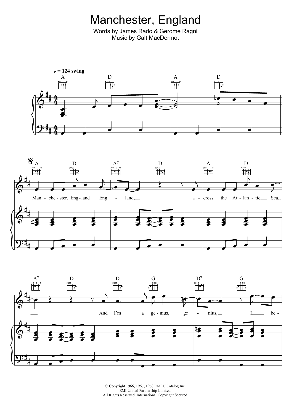 Galt MacDermot Manchester, England (from 'Hair') Sheet Music Notes & Chords for Piano, Vocal & Guitar - Download or Print PDF