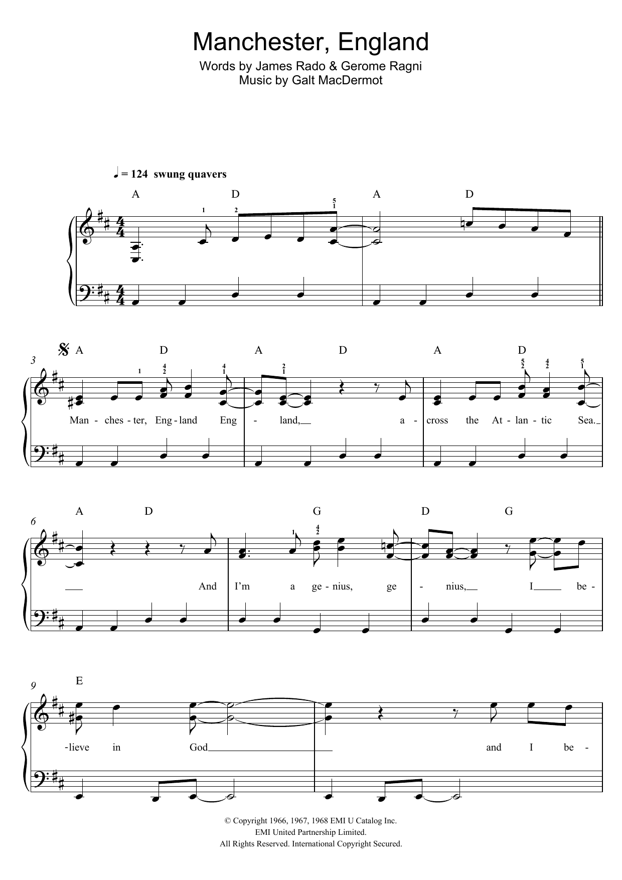 Galt MacDermot Manchester, England Sheet Music Notes & Chords for Easy Piano - Download or Print PDF