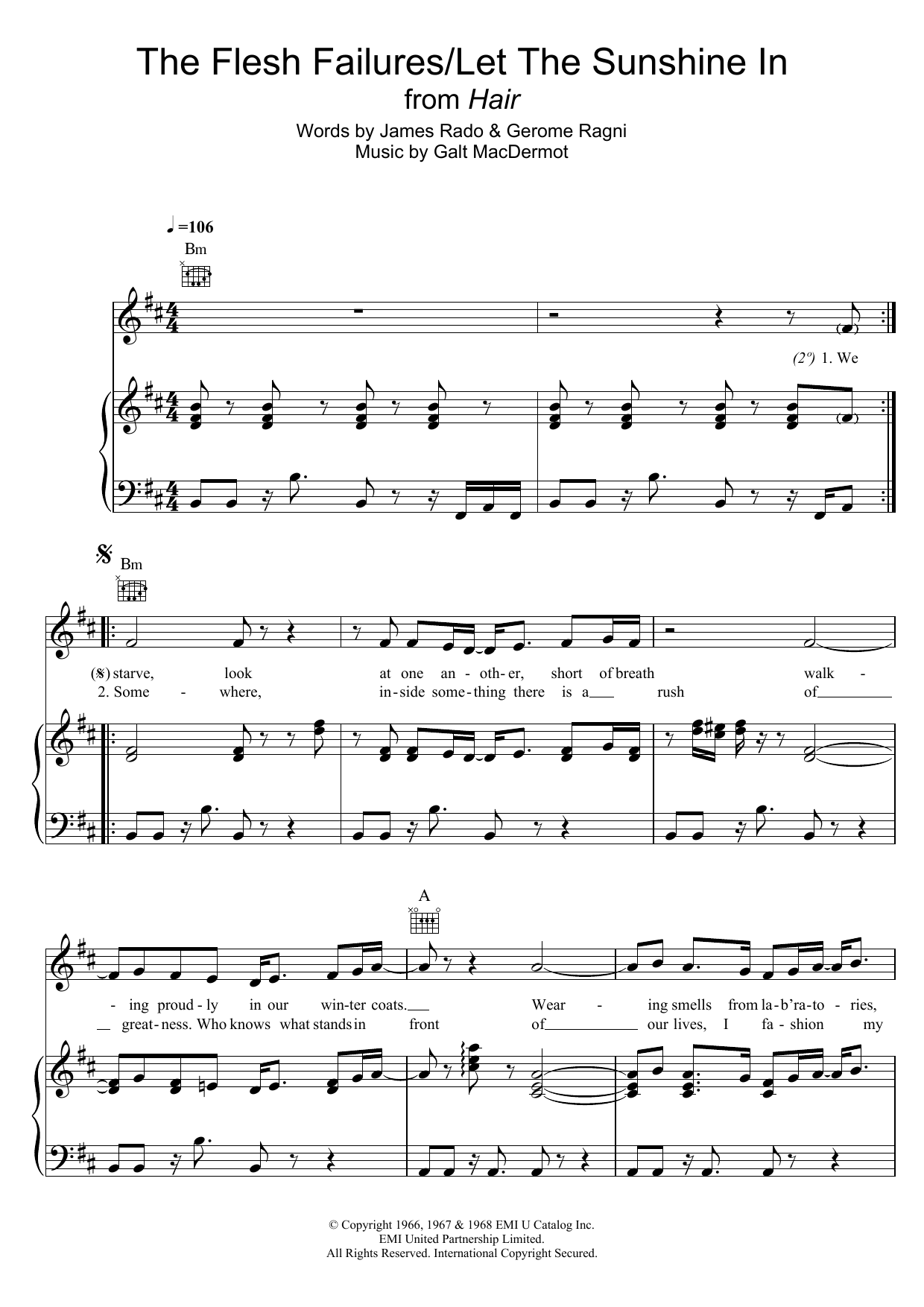 Galt MacDermot The Flesh Failures/Let The Sunshine In (from 'Hair') Sheet Music Notes & Chords for Piano, Vocal & Guitar (Right-Hand Melody) - Download or Print PDF
