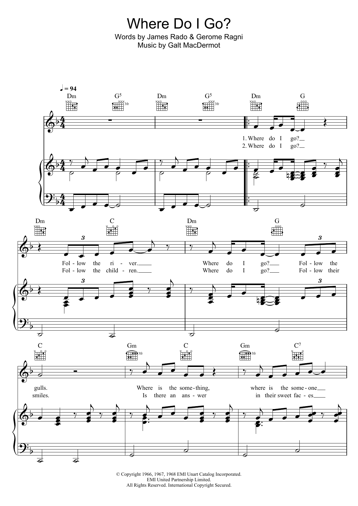 Galt MacDermot Where Do I Go? (from 'Hair') Sheet Music Notes & Chords for Piano, Vocal & Guitar (Right-Hand Melody) - Download or Print PDF