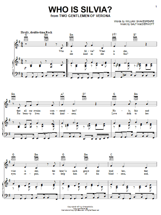 Galt MacDermott Who Is Silvia? Sheet Music Notes & Chords for Piano, Vocal & Guitar (Right-Hand Melody) - Download or Print PDF