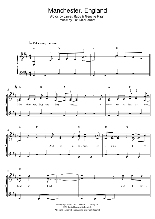 Galt MacDermot Manchester, England Sheet Music Notes & Chords for Easy Piano - Download or Print PDF
