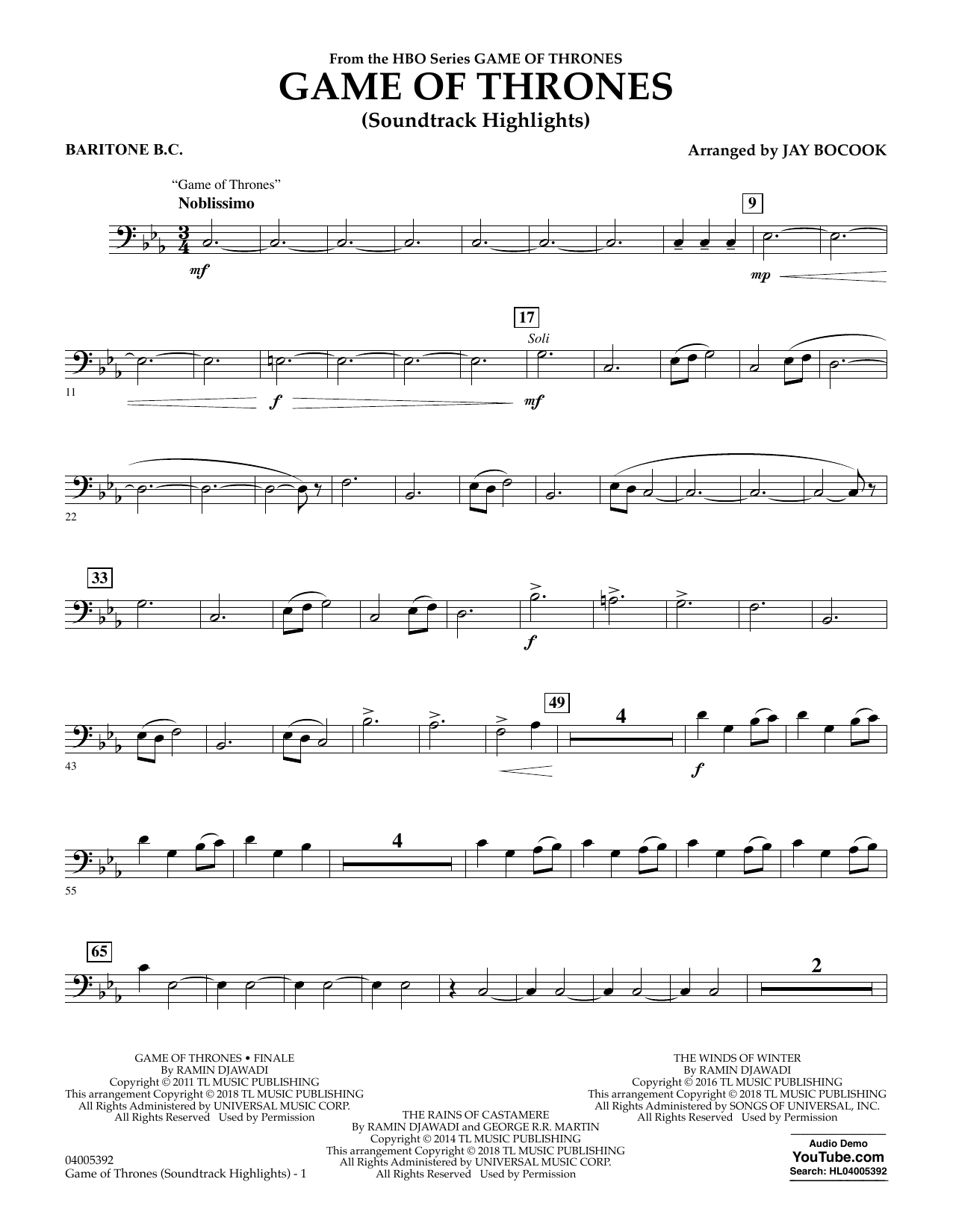 Ramin Djawadi Game Of Thrones Soundtrack Highlights Arr Jay Bocook Baritone B C Sheet Music Download Pdf Score 379808