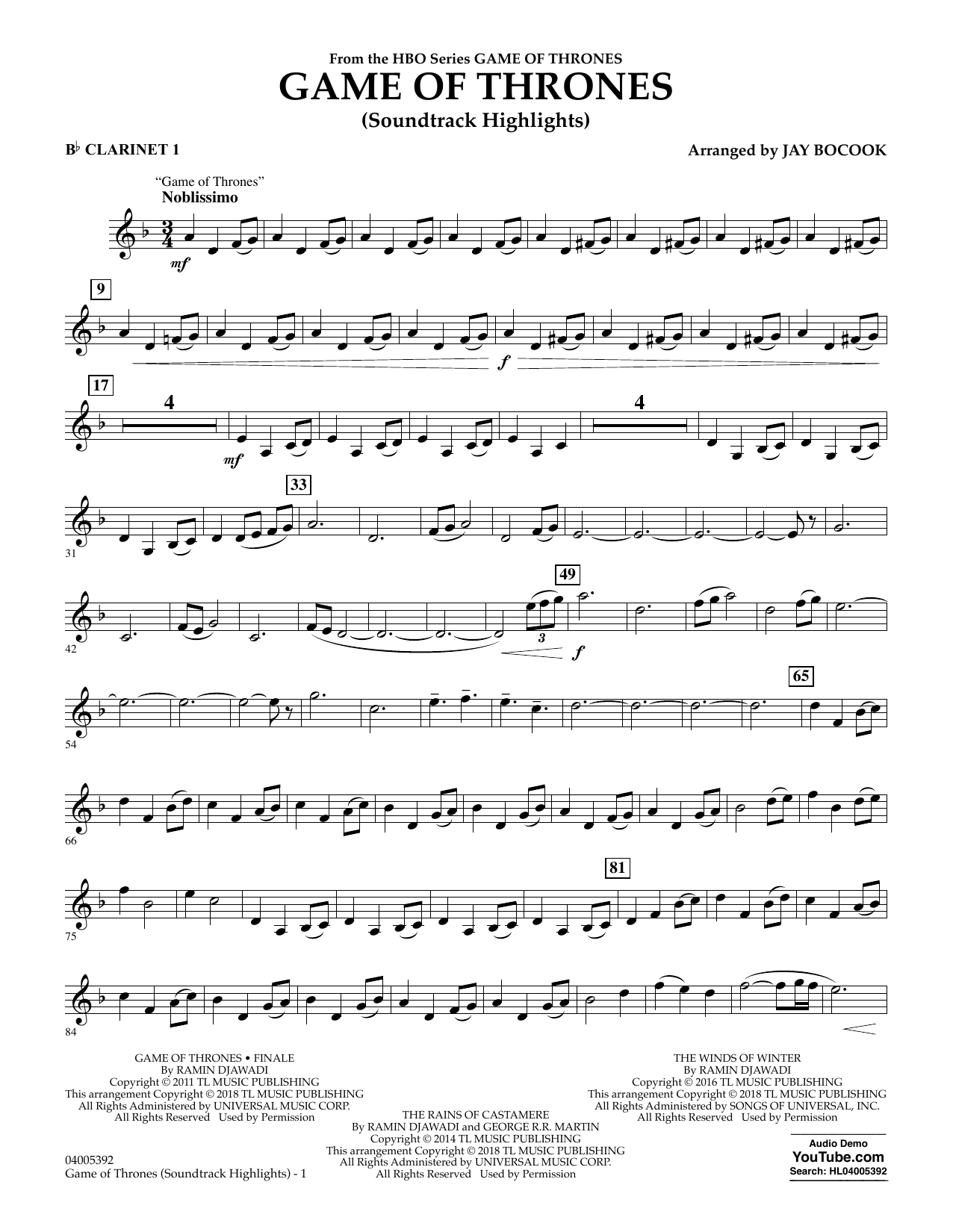 Ramin Djawadi Game Of Thrones Soundtrack Highlights Arr Jay Bocook Bb Clarinet 1 Sheet Music Download Pdf Score 379793