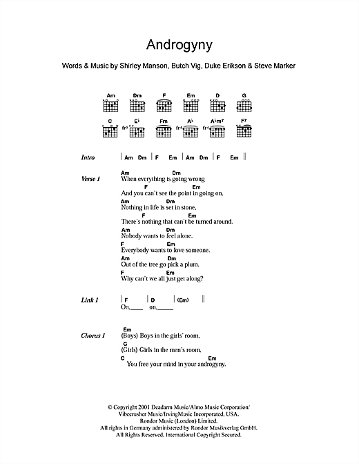 Garbage Androgyny Sheet Music Notes & Chords for Lyrics & Chords - Download or Print PDF