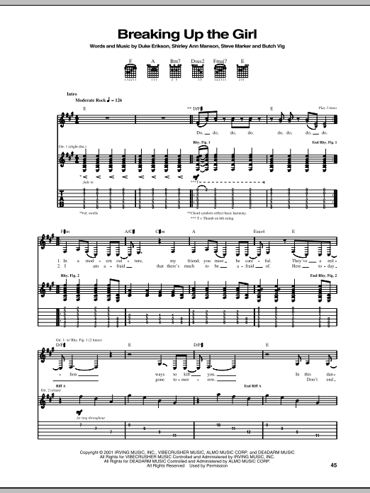 Garbage Breaking Up The Girl Sheet Music Notes & Chords for Lyrics & Chords - Download or Print PDF