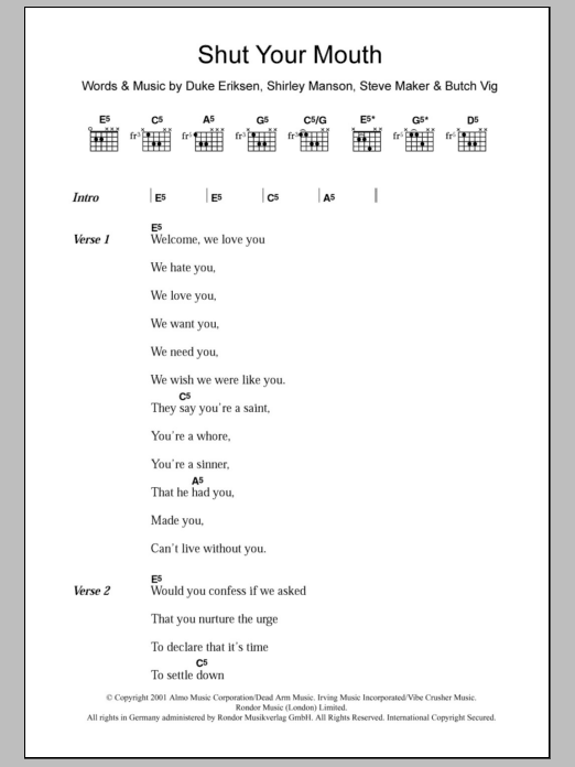 Garbage Shut Your Mouth Sheet Music Notes & Chords for Lyrics & Chords - Download or Print PDF