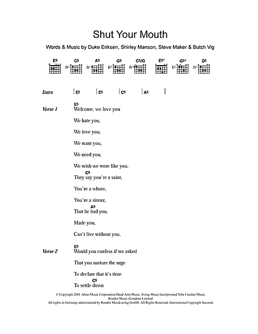 Garbage Shut Your Mouth Sheet Music Notes & Chords for Lyrics & Chords - Download or Print PDF
