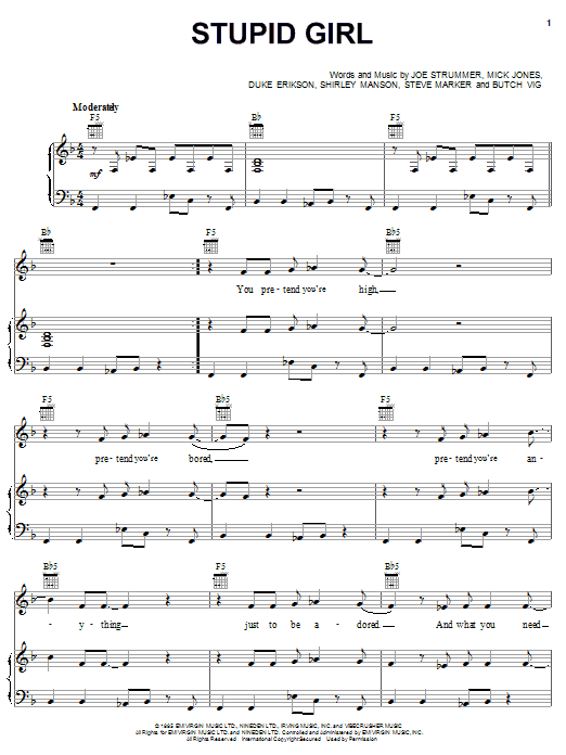 Preview Garbage Stupid Girl Pop sheet music, notes and chords for Piano, Vocal & Guitar (Right-Hand Melody), SKU: 18197 Stupid Girl sheet music