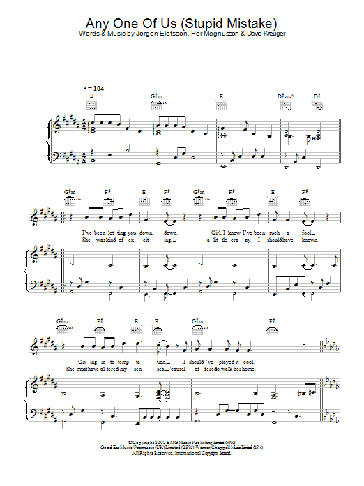 Gareth Gates Anyone Of Us (Stupid Mistake) Sheet Music Notes & Chords for Saxophone - Download or Print PDF