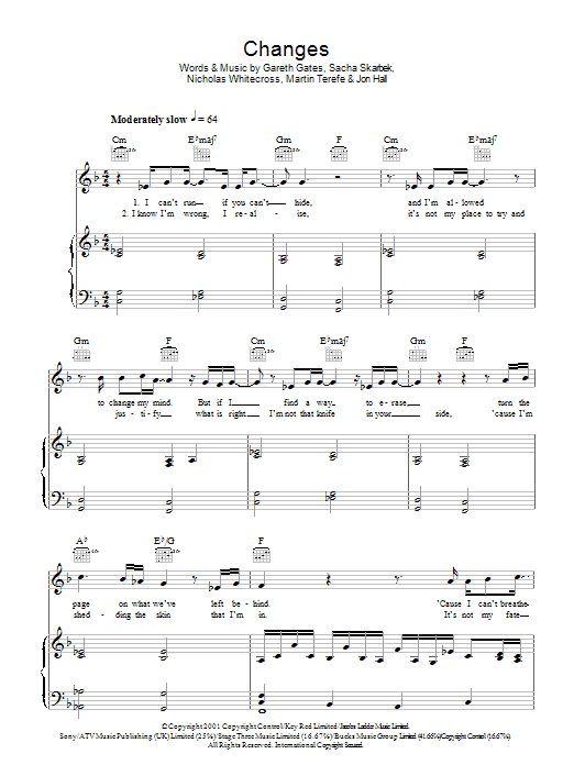 Gareth Gates Changes Sheet Music Notes & Chords for Piano, Vocal & Guitar - Download or Print PDF