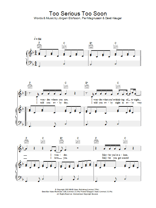 Gareth Gates Too Serious Too Soon Sheet Music Notes & Chords for Piano, Vocal & Guitar - Download or Print PDF