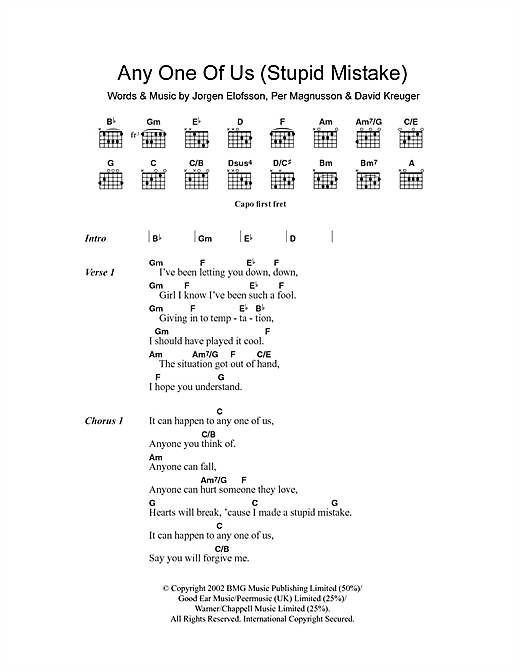 Gareth Gates Anyone Of Us Stupid Mistake Sheet Music Download Pdf Score 106843
