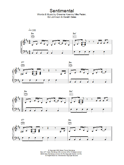 Preview Gareth Gates Sentimental Pop sheet music, notes and chords for Piano, Vocal & Guitar, SKU: 21855 Sentimental sheet music