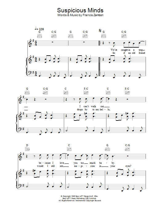 Preview Gareth Gates Suspicious Minds Pop sheet music, notes and chords for Piano, Vocal & Guitar, SKU: 21848 Suspicious Minds sheet music