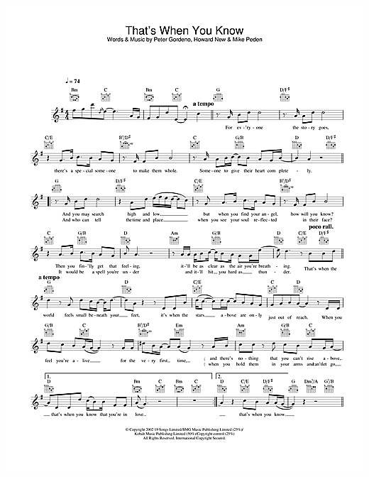 Preview Gareth Gates That’s When You Know Pop sheet music, notes and chords for Melody Line, Lyrics & Chords, SKU: 25813 That’s When You Know sheet music