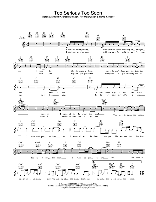 Preview Gareth Gates Too Serious Too Soon Pop sheet music, notes and chords for Piano, Vocal & Guitar, SKU: 21851 Too Serious Too Soon sheet music