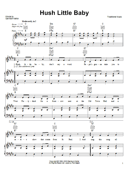 Garrison Keillor Hush Little Baby Sheet Music Notes & Chords for Piano, Vocal & Guitar (Right-Hand Melody) - Download or Print PDF