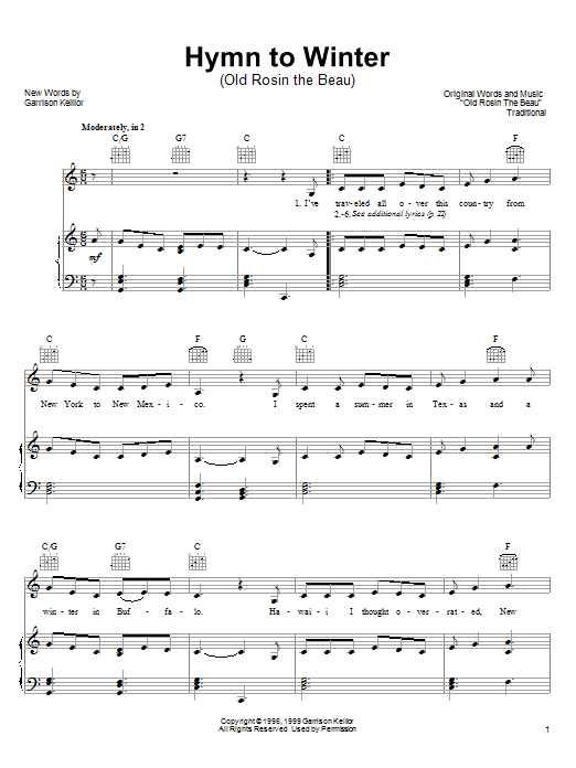 Garrison Keillor Hymn To Winter Sheet Music Notes & Chords for Piano, Vocal & Guitar (Right-Hand Melody) - Download or Print PDF