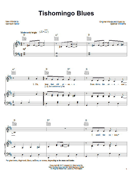 Garrison Keillor Tishomingo Blues Sheet Music Notes & Chords for Piano, Vocal & Guitar (Right-Hand Melody) - Download or Print PDF