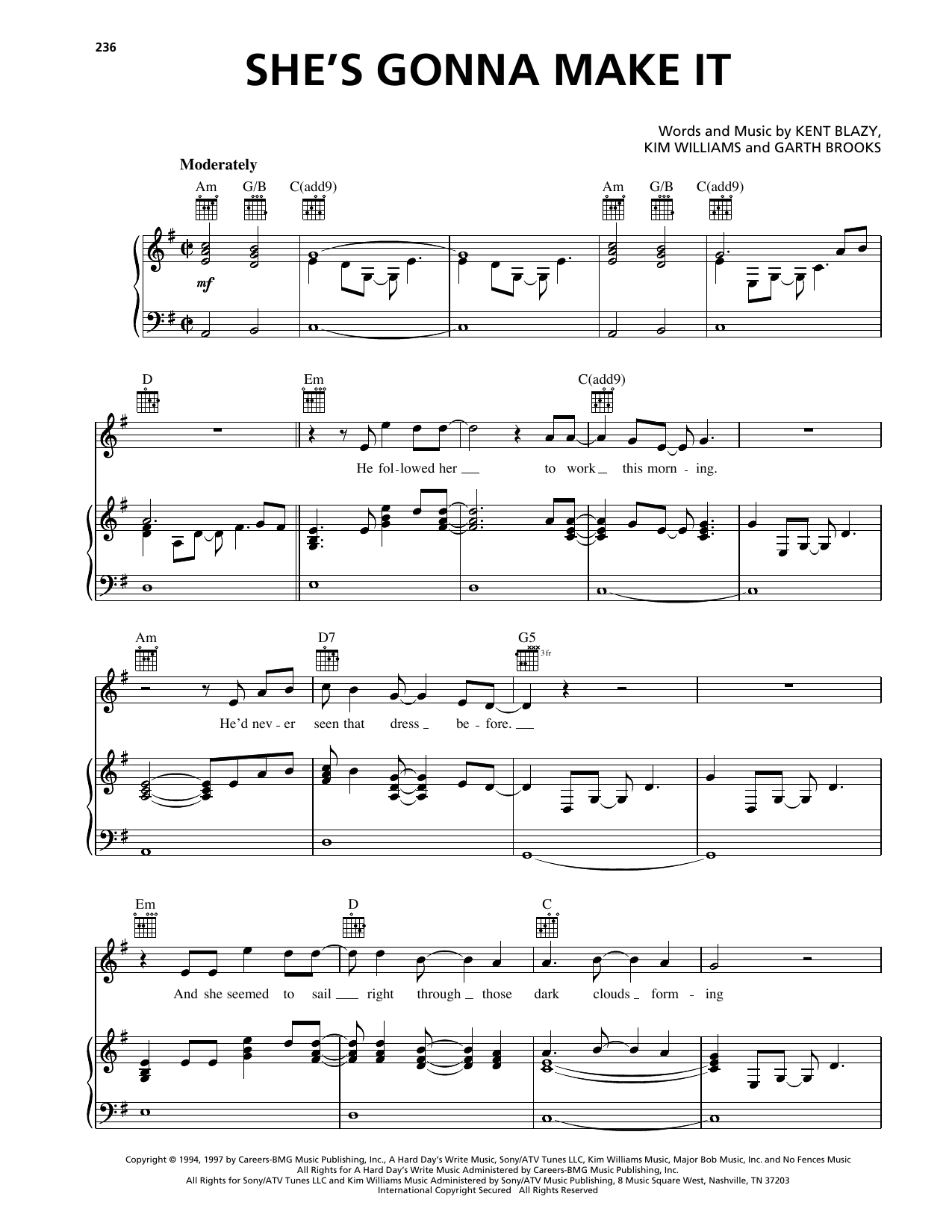 Garth Brooks She's Gonna Make It Sheet Music Notes & Chords for Piano, Vocal & Guitar Chords (Right-Hand Melody) - Download or Print PDF