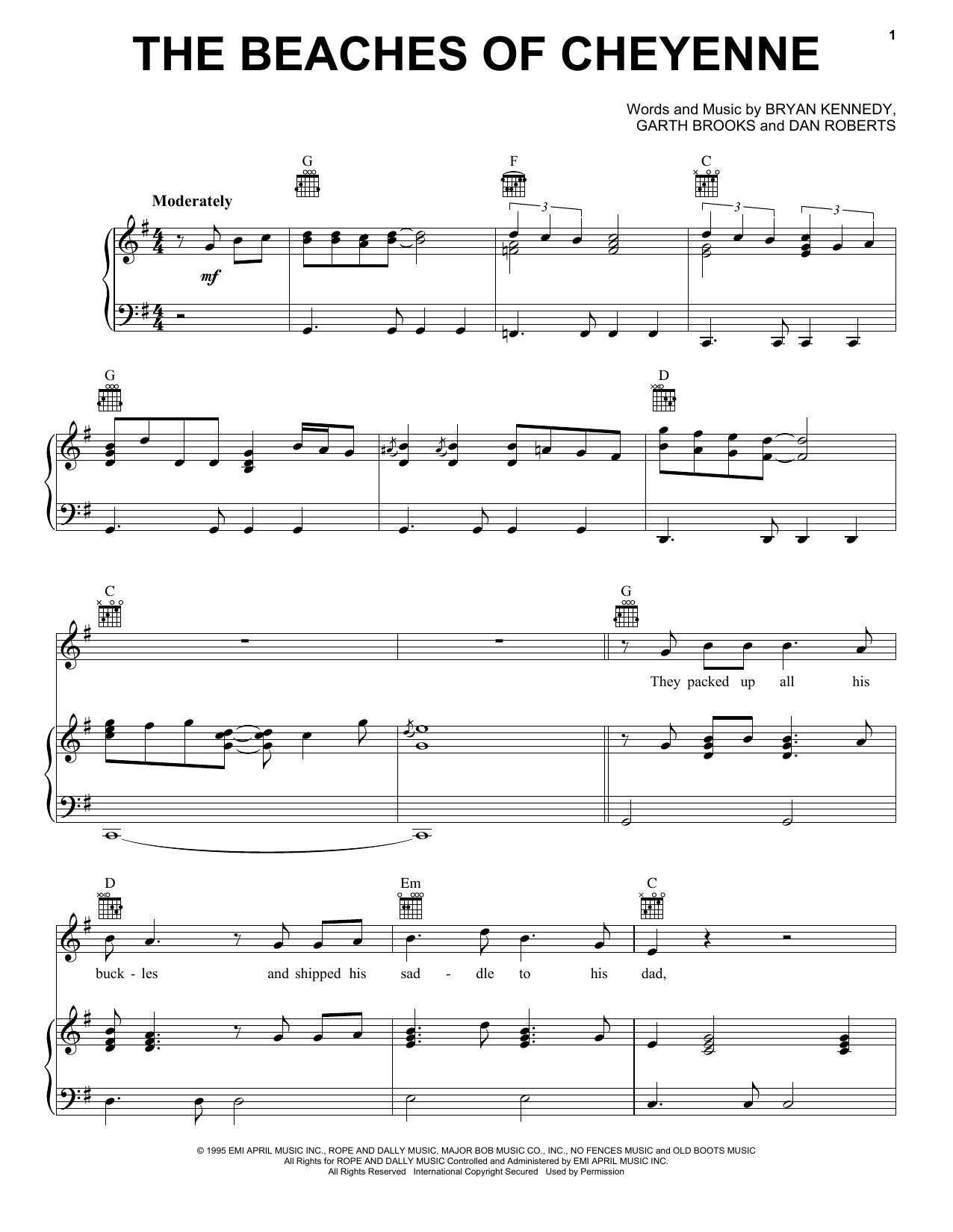 Garth Brooks The Beaches Of Cheyenne Sheet Music Notes & Chords for Piano, Vocal & Guitar Chords (Right-Hand Melody) - Download or Print PDF