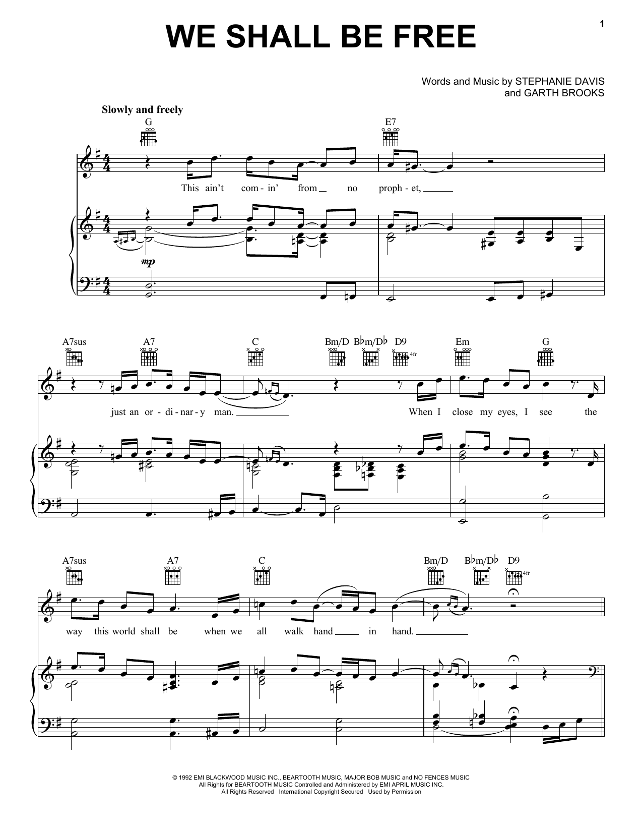 Garth Brooks We Shall Be Free Sheet Music Notes & Chords for Piano, Vocal & Guitar (Right-Hand Melody) - Download or Print PDF