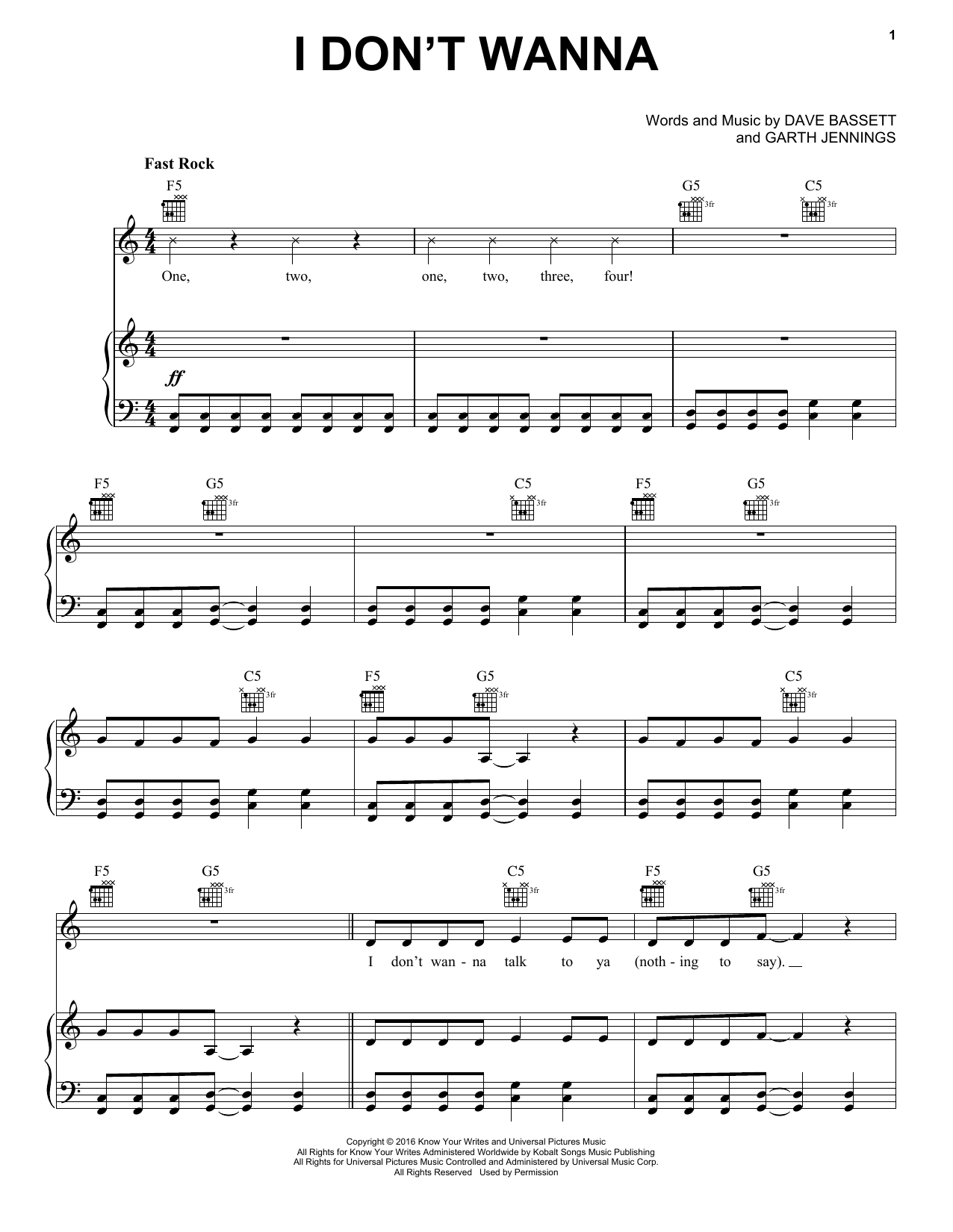 Garth Jennings I Don't Wanna Sheet Music Notes & Chords for Piano, Vocal & Guitar (Right-Hand Melody) - Download or Print PDF